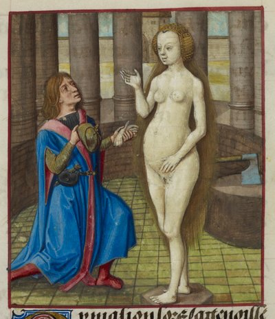 Dettaglio di una miniatura di Pigmalione in ginocchio, che chiede perdono alla statua da Unknown artist