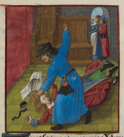 (dettaglio) Miniatura di un marito geloso che picchia la moglie fino a farle volare i capelli e i vestiti, mentre gli spettatori guardano dalla porta, da 