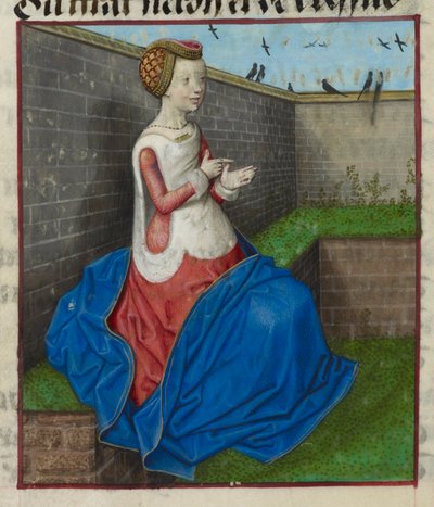 (dettaglio) Miniatura di una donna seduta in un giardino murato, che conta sulle dita, da 
