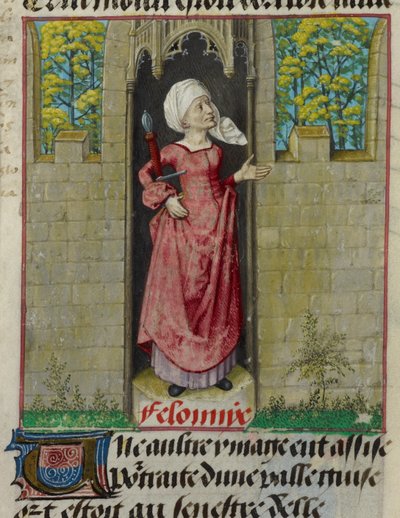 (dettaglio) Miniatura della figura allegorica di Feloniye (Crimine), nella prima colonna del foglio, da 