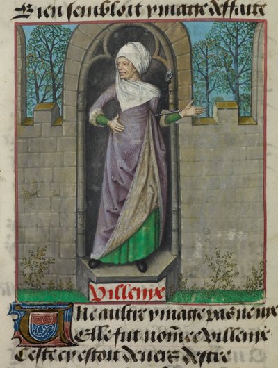 (dettaglio) Figura allegorica di Vilenie (Villania), nella seconda colonna del foglio, da 
