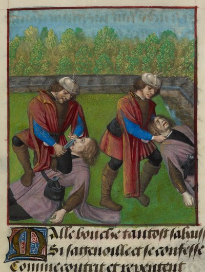 (dettaglio) Miniatura che mostra Abstinence Contrainte (Astinenza Forzata) e Faux Semblant (Falsa Apparenza) che uccidono Malebouche (Lingua Malvagia), e tagliano la sua lingua, da 