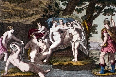 Diana sorpresa nel bagno dal cacciatore Atteone. Incisione dal "Dizionario mitologico" XIX secolo da Unknown artist