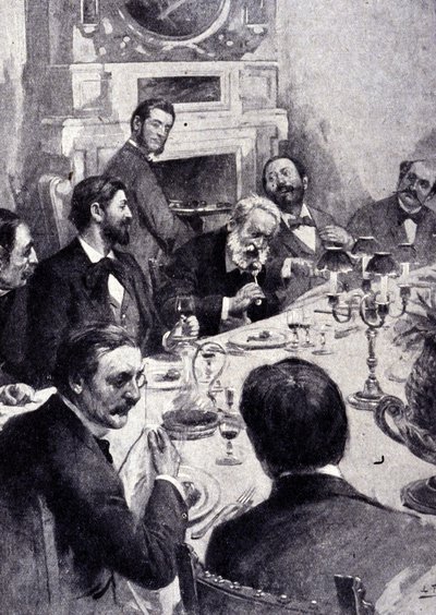 Cena al tavolo con Victor Hugo e Jean Mounet Sully, attore francese. Incisione del XIX secolo da Unknown artist