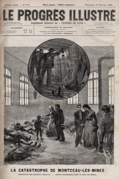 Disastro del pozzo Sainte Eugenie o disastro di Montceau-les-Mines in Borgogna nel 1895 - incisione in "Le Progrès illustré" del 1895 da Unknown artist