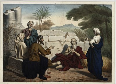 Discussione tra Giobbe e i suoi amici sulle disgrazie di Giobbe: Dio mette alla prova la fede religiosa di Giobbe che dimostra la sua fedeltà a Dio spiegando le sue disgrazie come punizione per i suoi peccati. Incisione anonima della metà del XIX secolo. da Unknown artist