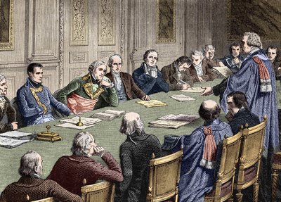 Discussione del Codice Civile al Consiglio di Stato (1800-1804), sotto la presidenza del primo console, Napoleone Bonaparte ha alla sua sinistra Jean Jacques Regis de Cambaceres. Incisione del XIX secolo. da Unknown artist