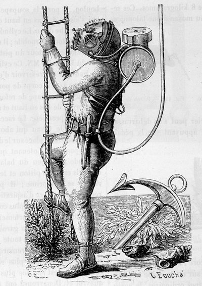 Subacqueo rivestito con abbigliamento in gomma e serbatoio regolatore - in "Le meraviglie della scienza" di Louis Figuier da Unknown artist