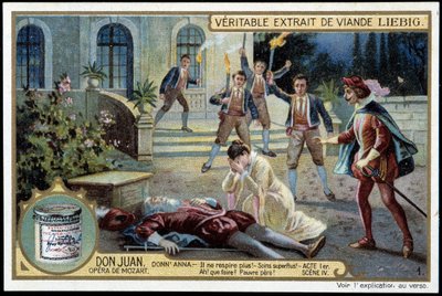 Donna Anna scopre suo padre morto - "Non respira più! Cura superflua! Cosa fare? Povero padre! - Atto I, scena 4 di Don Giovanni, opera di Mozart (1756-1791) - cromolitografia Liebig da Unknown artist