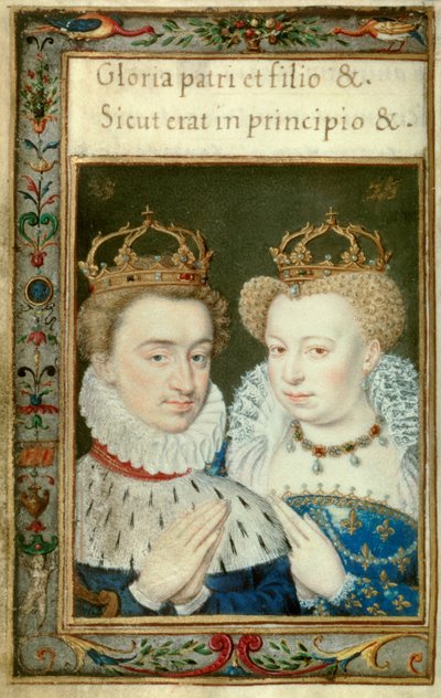 Doppio ritratto di Enrico IV re di Francia e Margherita di Valois, detta la Regina Margot. Miniatura dal libro d
