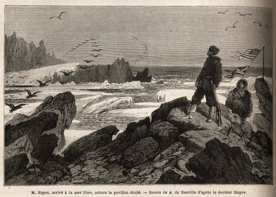 Il Dottor Hayes, arriva al mare libero del polo artico, lo scopo della sua spedizione, pianta la bandiera stellata americana. Incisione per illustrare il viaggio al mare libero del polo artico, del Dottor Hayes, chirurgo della Marina degli Stati Uniti, nel da Unknown artist