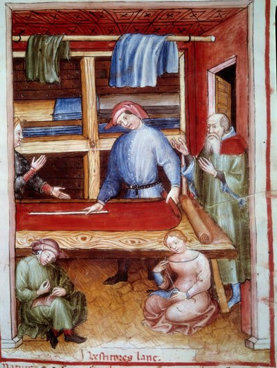 Negozio di drappi. Miniatura dal trattato di medicina e dietetica 