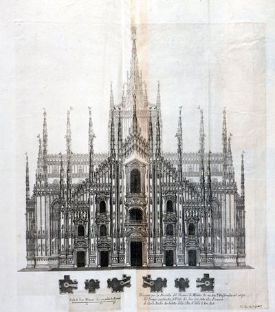 Disegno della facciata del Duomo di Milano che mostra la sua uniformità con il corpo dell