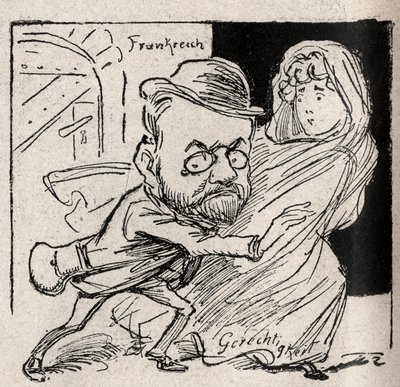 Affare Dreyfus - Emile Zola ha Giustizia: vieni con me, mio tesoro, qui non vogliamo più sentirci - Disegno pubblicato nel giornale austriaco 