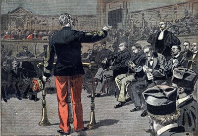 Caso Dreyfus - Processo di Emile Zola - 1898: Il generale Auguste Mercier (1833-1921) risponde alle domande di Fernand Labori (1860-1917), avvocato dello scrittore Emile Zola (1840-1902). Sono rappresentati anche il presidente del tribunale Albert Delegorg da Unknown artist