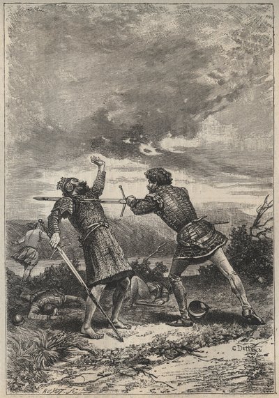 Duello e morte di Torquil di Oak - illustrazione del XIX secolo per il romanzo storico 