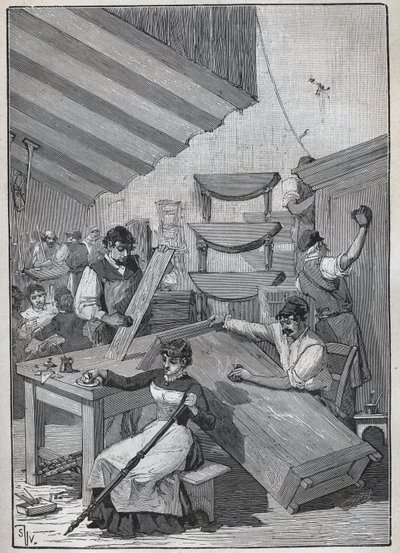 Ebanisteria: laboratorio di verniciatura a tampone. Incisione del 1885 in 
