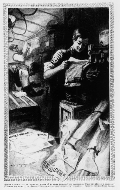 Edison a 15 anni, nel mezzo del vagone dove installava la sua tipografia da Unknown artist
