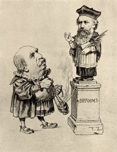 Eduard Hanslick (1825-1904) critico musicale austriaco, che adora Brahms su un piedistallo da Unknown artist