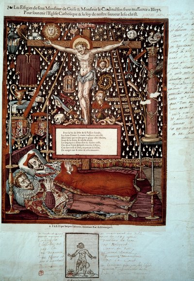 Effigi di Enrico I di Lorena, 3° Duca di Guisa (1550-1588) e di suo fratello Luigi II di Guisa, cardinale di Lorena (1555-1588) assassinati a Blois il 23 e 24 dicembre 1588 per ordine di Enrico III Incisione del XVI secolo Parigi, B.N. da Unknown artist