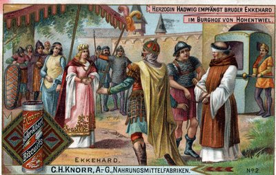 Ekkehard IV di San Gallo o Eckhard, Eckhart (980-1057) erudito e poeta latino. La duchessa Hadwig riceve il fratello Ekkehard nel cortile del castello di Hohentwiel. Verso: 