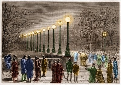 Illuminazione elettrica: lampade da terra dal Victoria quay a Londra, Gran Bretagna. Incisione in 