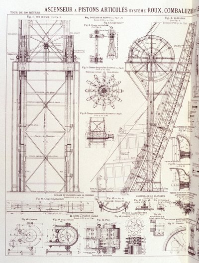 Ascensore e pistoni articolati della Torre Eiffel (sistema Roux-Combaluzier) - disegno industriale da Unknown artist