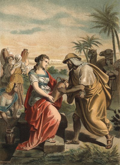 Eliezer, servo di Abramo, ha appena trovato Rebecca, futura moglie di Isacco. Incisione del 1881 in "El Culto de la Hermosura" di Juan Justo Huguet, Molinas Hermanos editores da Unknown artist