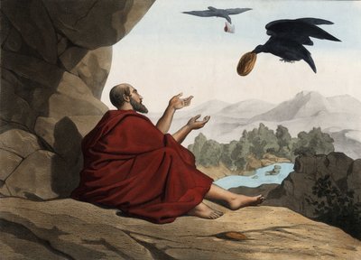 Elia, nascosto presso il torrente di Kerith, viene nutrito dai corvi. Incisione anonima della metà del XIX secolo. da Unknown artist