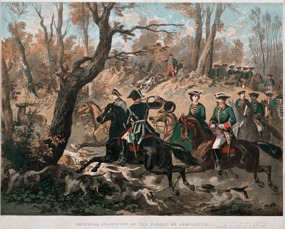 Imperatore Napoleone III (1808-1873) e sua moglie Eugenia de Montijo (1826-1920) passeggiano nella foresta di Compiegne. Litografia a colori intorno al 1855 Milano, Museo del Risorgimento da Unknown artist