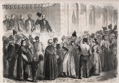 Imperatore Napoleone III (1808-1873) sulla terrazza della villa di Strauss a Vichy, salutato dalla gente della campagna domenica 7 luglio 1861 - Incisione in "The Illustrous World" da Unknown artist