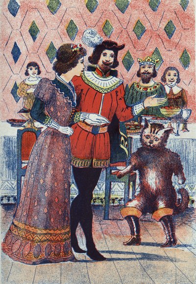 Fidanzamento del Marchese di Carabas e della figlia del Re. Illustrazione per "Il gatto con gli stivali" di Charles Perrault (1628-1703), scrittore francese. Illustrazione anonima. Immagini di Marcel Vagne, Jarville Nancy, senza data (fine XIX secolo) da Unknown artist