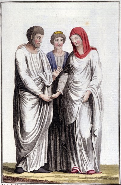 Fidanzamento o promessa di matrimonio: dextrarum iunctio o unione delle mani destre. Incisione del XIX secolo da Unknown artist