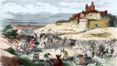 Incisione: Crociata contro i Catari - Albigesi - Cattura di Béziers 21 luglio 1209 da parte di Simone di Montfort (Simone IV, Conte di Montfort) i 7000 abitanti sono massacrati e la città saccheggiata e bruciata - incisione in 
