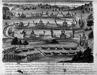 Entrata degli ambasciatori francesi nel fiume Siam - in "Viaggi del regno di Siam, storici del 1688" da Unknown artist