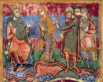Episodio della vita di Santa Radegonda di Poitiers, moglie di Clotario I, re dei Franchi: Radegonda è condotta dal re Clotario I (miniatura da un manoscritto dell