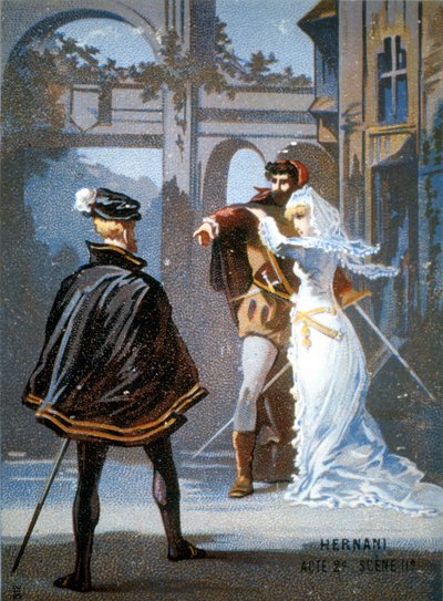 Ernani di Giuseppe Verdi, Atto II, Scena II. Cromolitografia del XIX secolo da Unknown artist