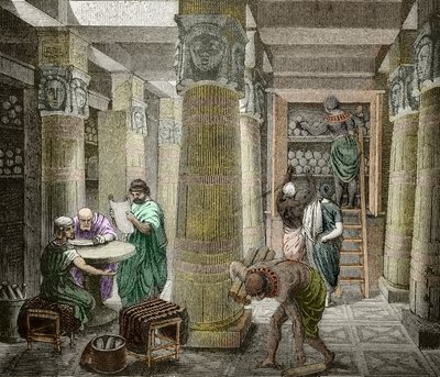 Eruditi nella biblioteca di Alessandria, distrutta nel 642, Egitto (Veduta della biblioteca di Alessandria, Egitto) XIX secolo (incisione) da Unknown artist