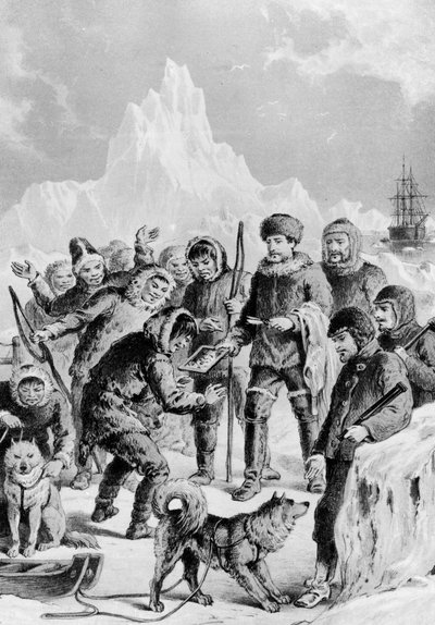 Esquimesi che scoprono uno specchio portato dagli esploratori - Spedizione Artica dalle coste britanniche e straniere dalle prime spedizioni fino al 1875 da Unknown artist