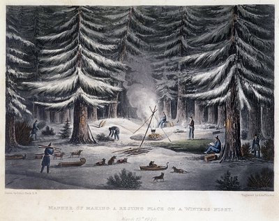 Allestimento di un campo durante una notte invernale - in "Narrative of a Journey to the Shores of the Polar Sea in the Years 1819-1821", di John Franklin, ed. Londra da Unknown artist
