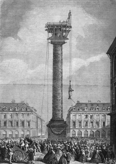 Installazione della nuova statua (rappresentante Napoleone I) sopra la colonna di Place Vendôme nel 1° arrondissement di Parigi il 4 novembre. da Unknown artist
