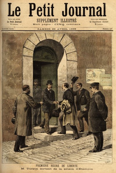 Eugene Turpin (1848-1927), chimico, inventore nel 1884 della melinite (un esplosivo), ingiustamente accusato di aver venduto la sua invenzione al nemico, fu innocente e liberato dalla prigione di Etampes. Incisione in "Le petit journal" 29/04/1893. Collezi da Unknown artist