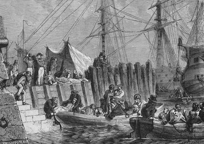 Evacuazione di Flesringe da parte degli inglesi nel 1802: imbarco dei malati - in "Histoire de France" di Henri Martin, sd. 19° secolo da Unknown artist
