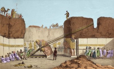 Scavi di Ninive - Le rovine di Nimrud da Henri Layard (dopo il suo viaggio in Mesopotamia nel XIX secolo); sostituzione del grande toro alato - La spedizione di un toro alato da Nimrud, durante gli scavi di Sir Austen Henry da Unknown artist