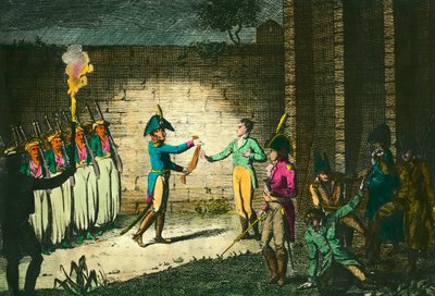 Esecuzione di Luigi di Borbone, duca di Enghien (1772-1804) il 21 marzo 1804 a Vincennes, sospettato senza prove di cospirazione contro il Primo Console Napoleone Bonaparte. Incisione intorno al 1804. Collezione privata da Unknown artist