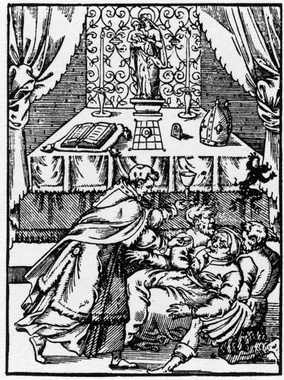 Esorcismo: un demone lascia il corpo di una strega posseduta mentre un prete le offre la Comunione - Incisione di "Prodigious Stories" di Pierre Boaistuau da Unknown artist