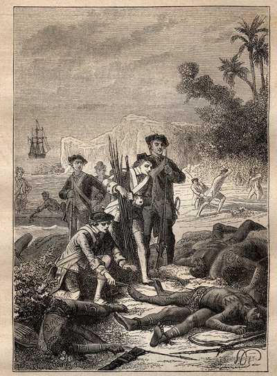 Spedizione di Jean Francois de Survillle (1717-1770) nei Mari del Sud (1769-1770): i marinai di Surville raccolgono le armi degli indigeni morti durante la battaglia (Nuova Irlanda, Papua Nuova Guinea) - illustrazione tratta da “I grandi marinai del XVIII  da Unknown artist