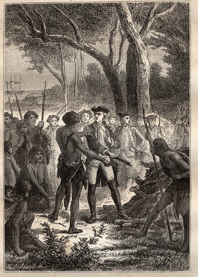 Spedizione di Nicolas Thomas Marion-Dufresne (Marion Dufresne) (1729-1772): Marion sbarcò nella Baia di Frederick Henry (Tasmania) e fu offerto un brandon acceso dagli indigeni - illustrazione tratta da 