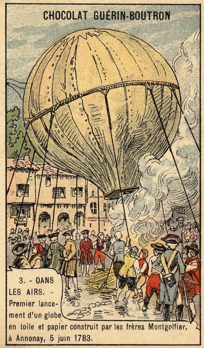 Esperimento del 5 giugno 1783 dei fratelli Montgolfier ad Annonay. Cromolitografia della fine del XIX secolo da Unknown artist