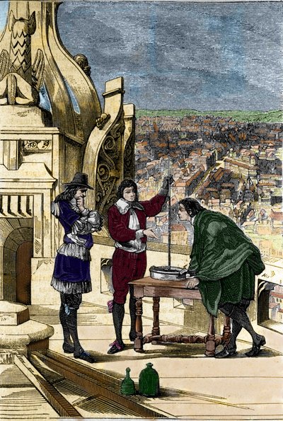 Esperimento di Blaise Pascal con un barometro a mercurio in cima alla Tour Saint Jacques la Boucherie a Parigi da Unknown artist